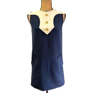 Gucci Silk Wool Navy Ivory Gold Button Shift Mini Dress IT 38 Cruise Collection